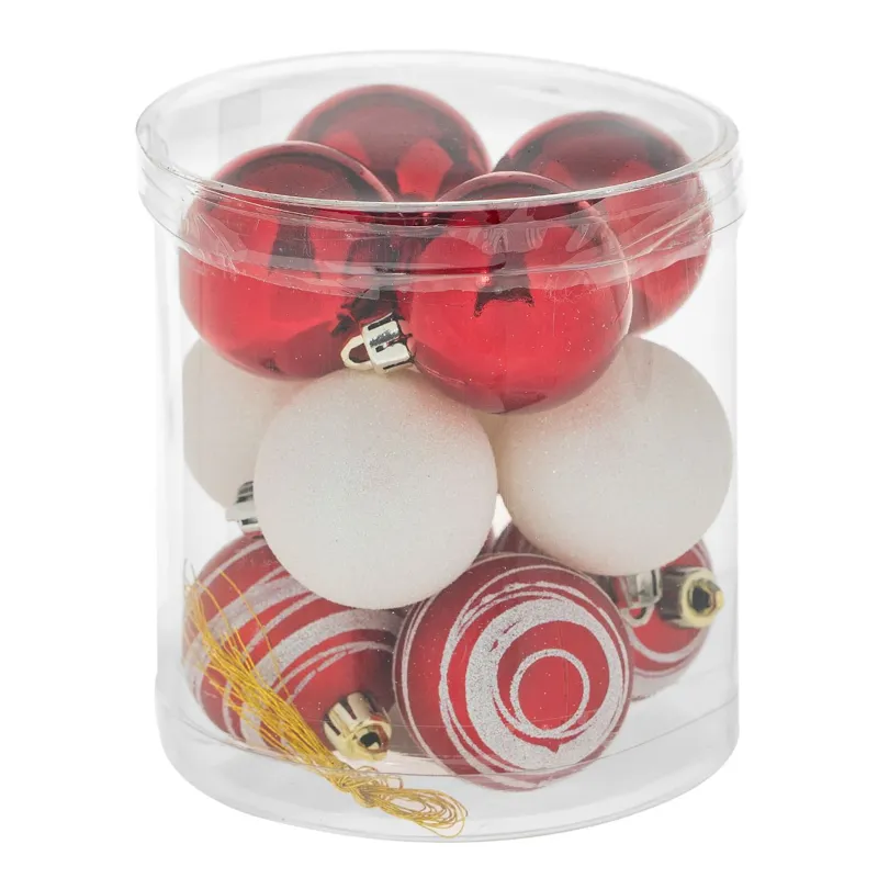 Set Globuri Crăciun Alb Roșu cu Dungi Glitter, 12 Bucati, Plastic