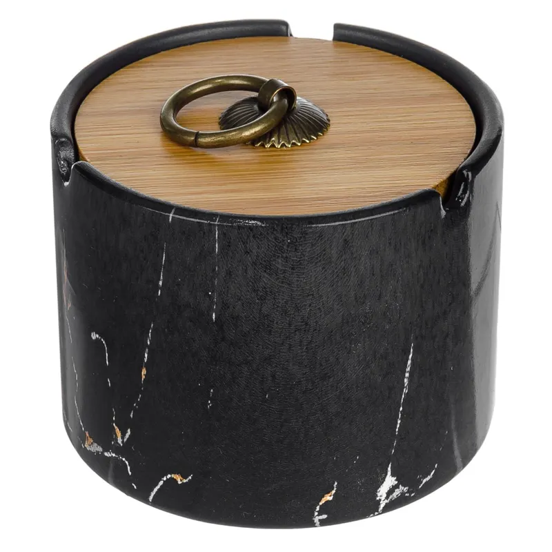 Scrumieră Ceramică Cilindrică Neagră Marble cu Capac Bambus, Ø10x7cm