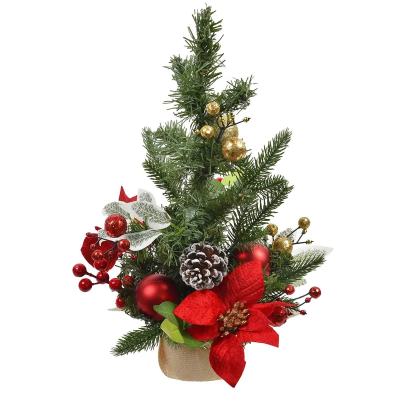 Pom de Crăciun Artificial Decorativ, Model de Masă cu Globuri Roșii