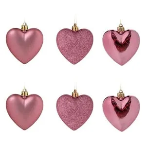 Set Ornamente Craciun Inimi Roz Mat Stralucitoare Glitter 7cm - 6buc