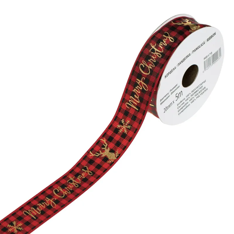 Panglică decorativă de Crăciun, Roșu cu carouri, 5m x 20mm, cu reni și fulgi