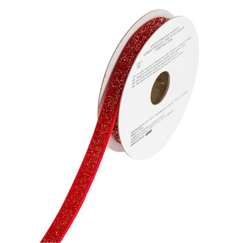 Panglică decorativă catifelată roșie cu glitter, 5m x 9mm