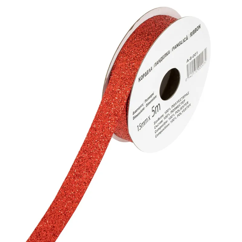 Panglică decorativă roșie cu glitter, 5m x 15mm