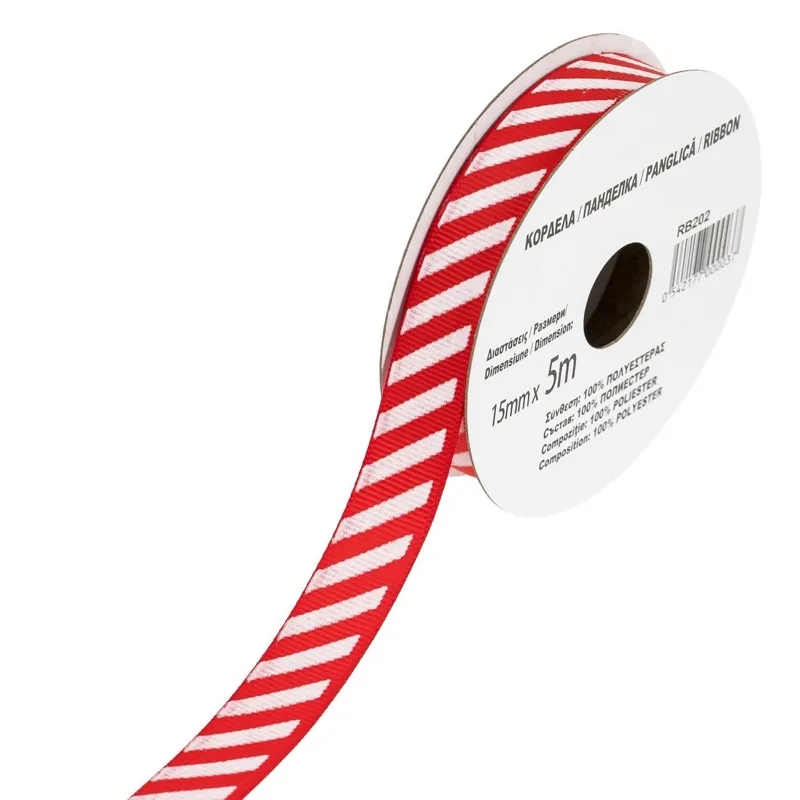 Panglică decorativă de Crăciun, roșie cu dungi albe, 5 m x 15 mm