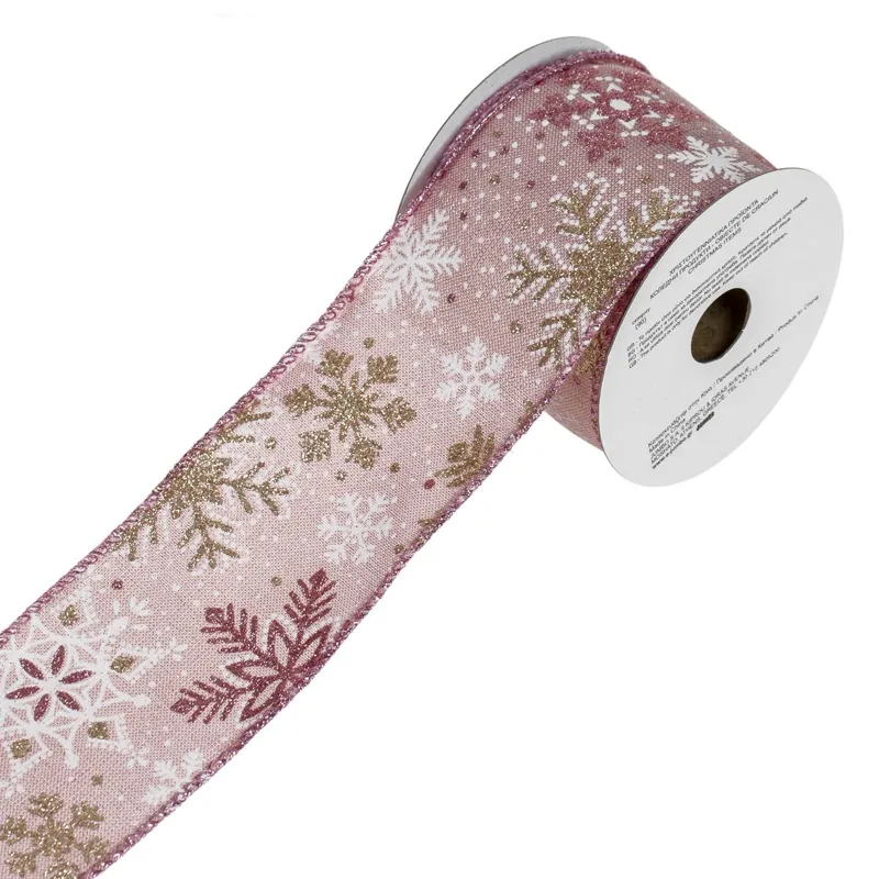 Panglică decorativă de Crăciun, Roz cu Fulgi Albi și Aurii, cu Glitter, 5m x 63mm