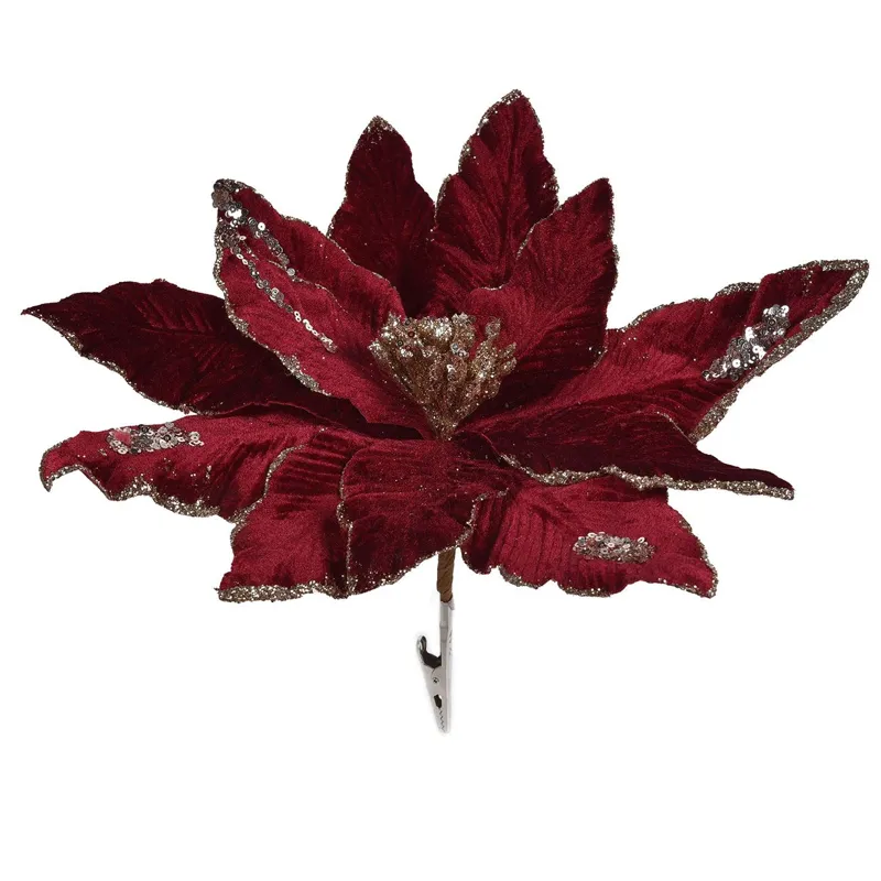 Floare decorativa de Craciun, bordo cu glitter bej si clips, 36 cm