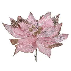 Floare decorativa de Craciun, catifelata, roz cu glitter si paiete, cu clips, 29 cm