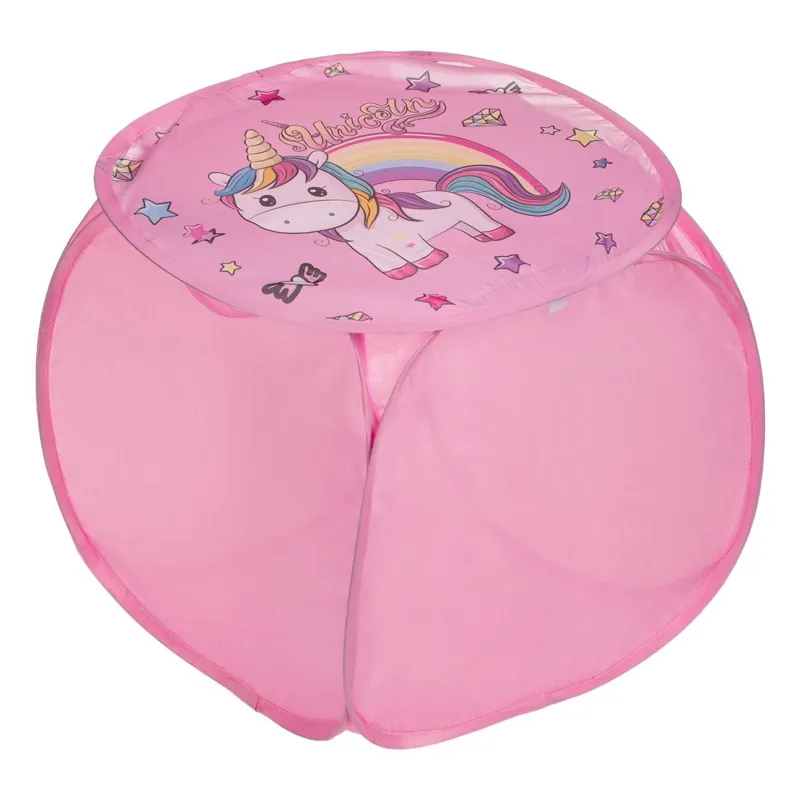 Cos textil pliabil roz cu unicorn pentru depozitarea jucariilor