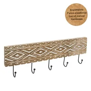 Cuier de perete din lemn sculptat manual, 5 carlige, 50x10x1.5cm – poza 2