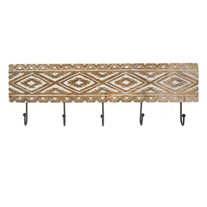 Cuier de perete din lemn sculptat manual, 5 carlige, 50x10x1.5cm – poza 3