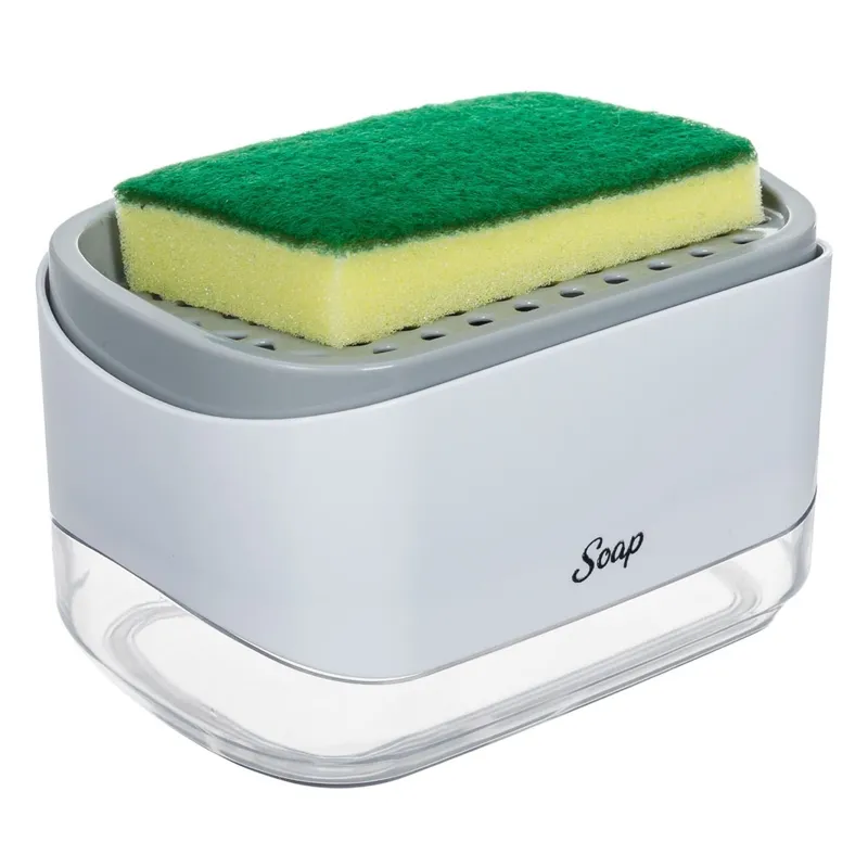 Dozator pentru detergent lichid cu suport burete, Alb/Gri