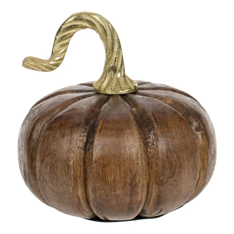 Dovleac decorativ din lemn cu coadă aurie, dimensiune 14x15cm