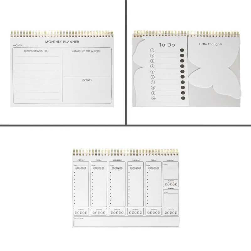 Carnet de notițe cu planificator lunar, 3 subiecte, copertă cu design abstract, spirală aurie