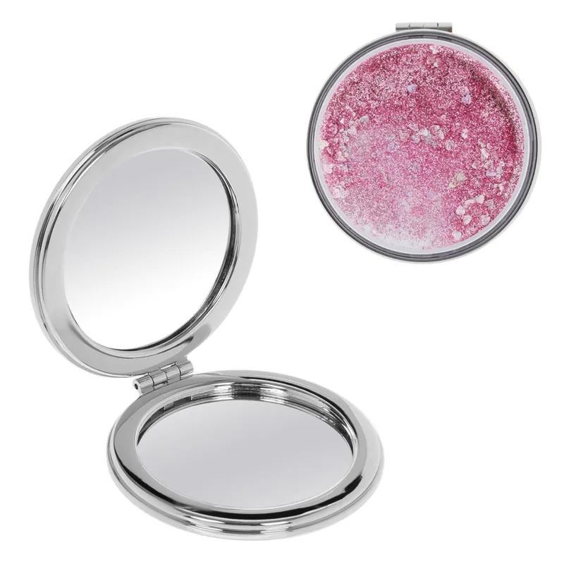 Oglinda de Buzunar Rotunda cu Marire 2x, Argintie cu Glitter Roz, 7 cm