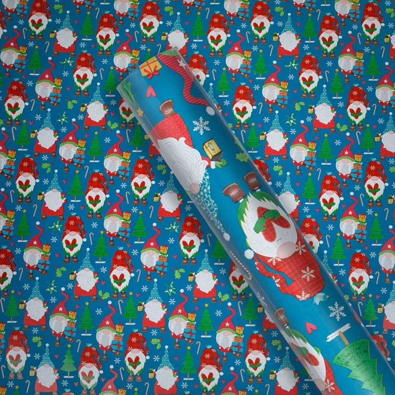 Hârtie de ambalat de Crăciun, Rola 300x70cm, Albastră cu Gnomi