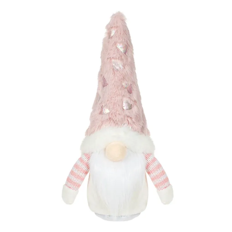 Figură Gnome Decorativă Crăciun Căciulă Roz Blană Inimi Holografice 26cm