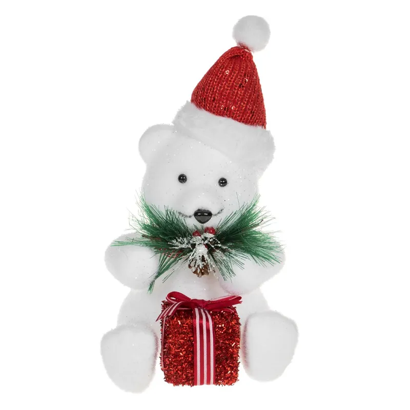 Ursuleț de spumă decorativ pentru Crăciun cu căciulă și glitter argintiu, 27cm