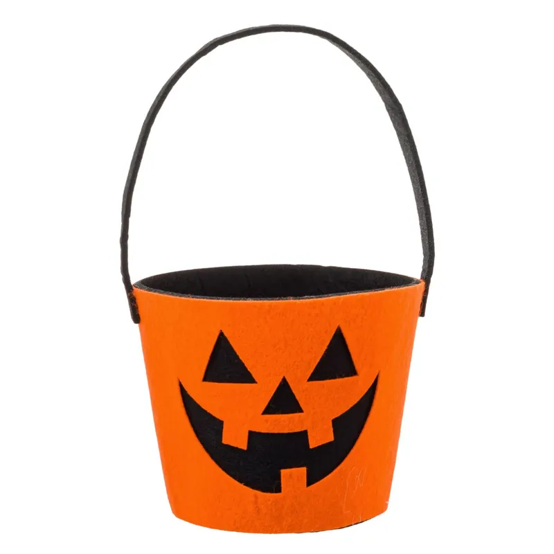 Găleată decorativă din fetru cu model dovleac, Halloween, Ø13.5x10.5 cm