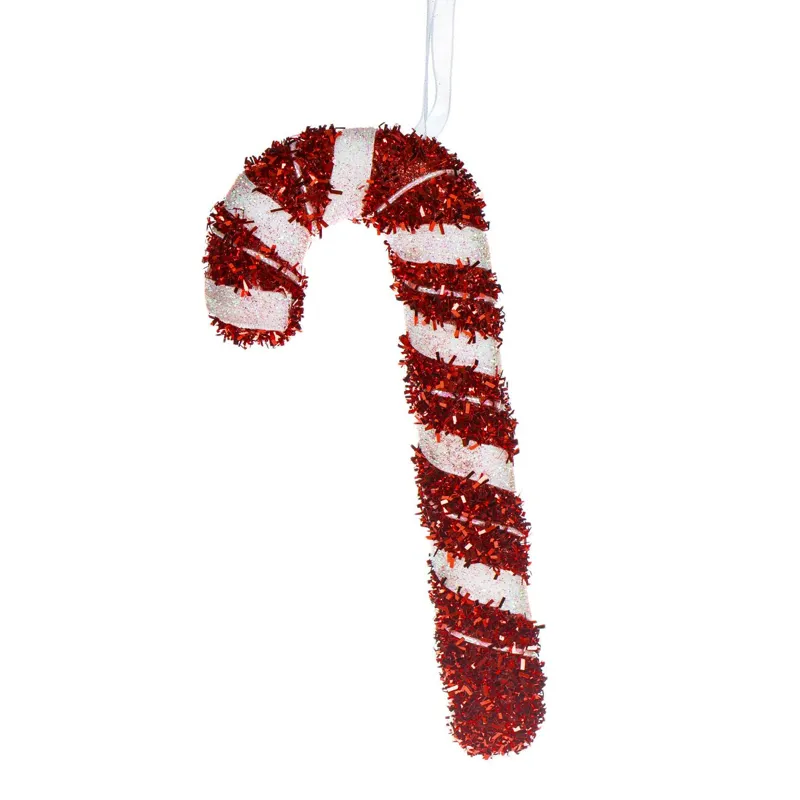 Ornament Brad Crăciun Baston Spumă Roșu Alb cu Glitter Tinsel