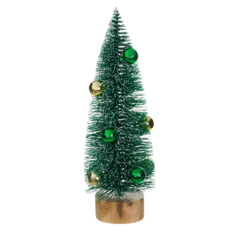 Brad Decorativ de Crăciun LED Verde cu Globuri și Bază de Lemn