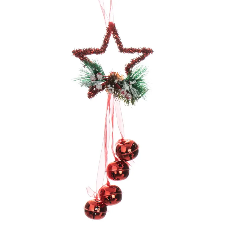 Ghirlandă Decorativă de Crăciun cu Stea Tinsel și Clopoței Metalici Roșii