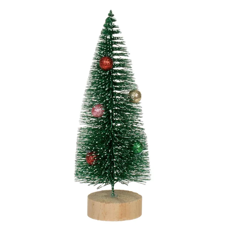 Brad Decorativ de Crăciun Verde cu Globuri Glitter și Bază de Lemn