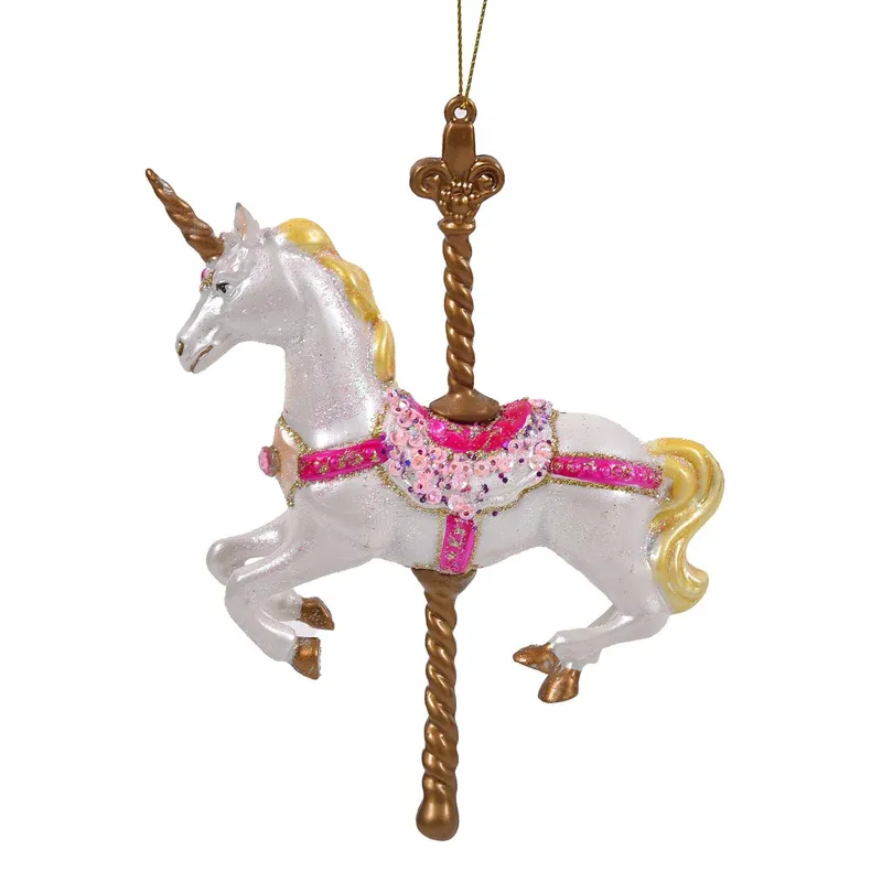 Ornament Brad de Crăciun Cal Carusel Alb Auriu cu Glitter