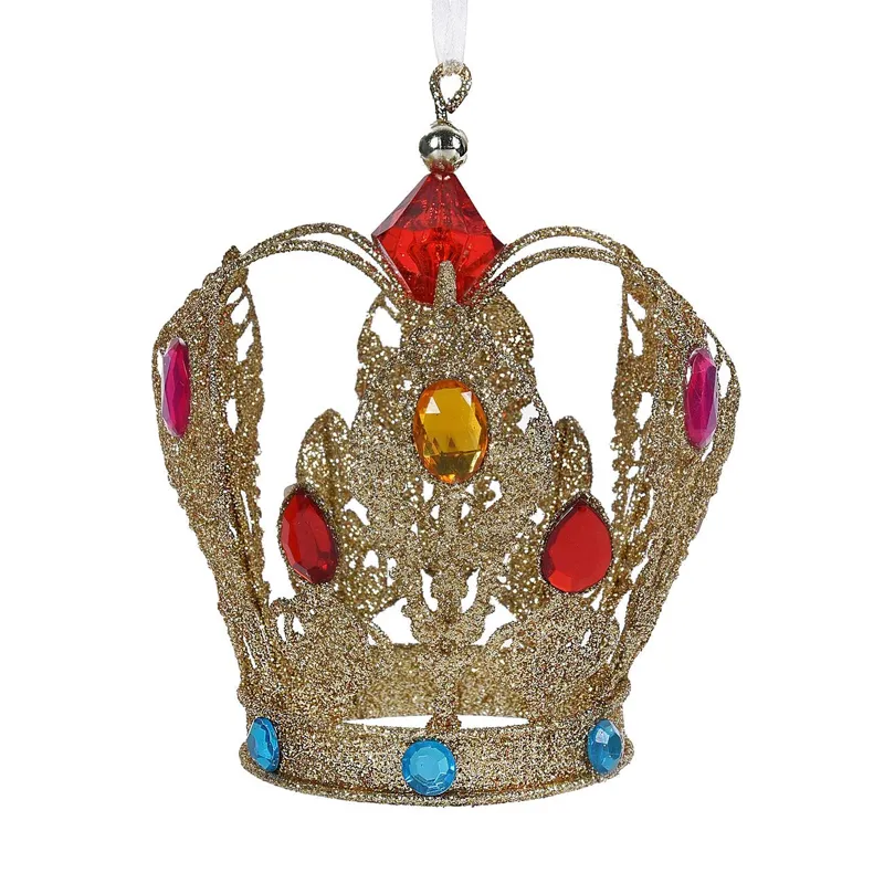 Coroană Ornament Brad de Crăciun cu Glitter Auriu și Pietre Colorate