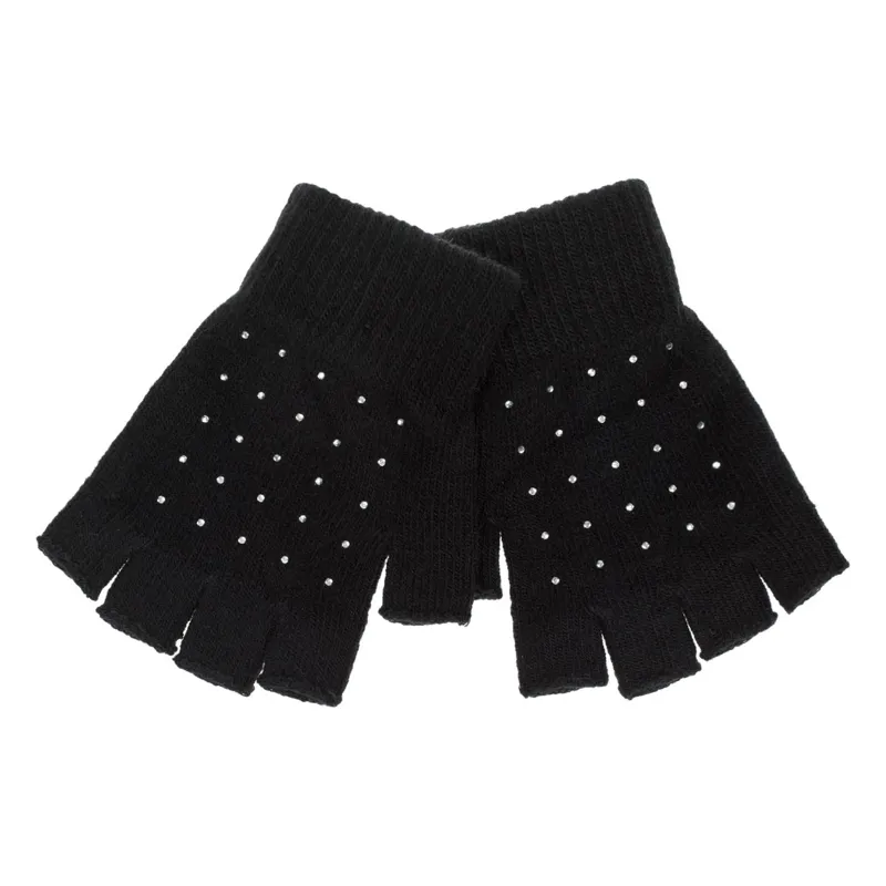 Manusi tricotate pentru femei, cu strass si degete decupate, Negre, O singura marime