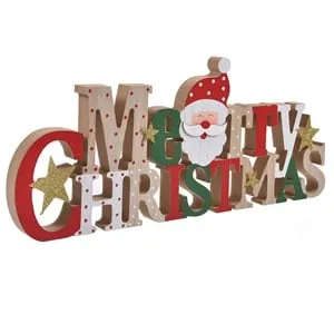 Decoratiune de Craciun tablita din lemn Merry Christmas cu Mos Craciun și stele