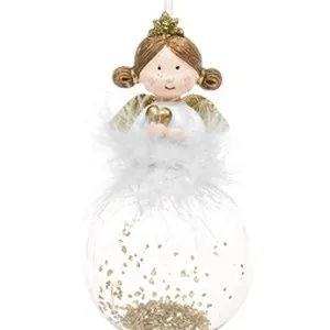 Ornament ceramic brad Crăciun fetiță îngeraș alb cu glitter auriu 8x14 cm – poza 3