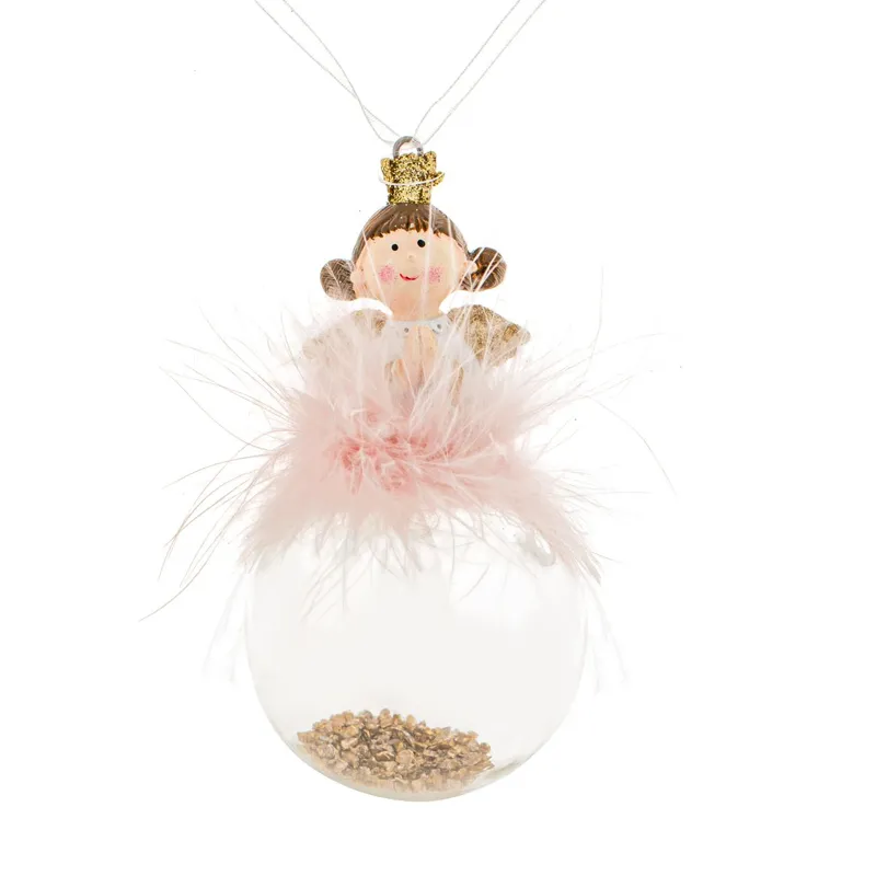 Ornament Brad Crăciun Fetiță Îngeraș Ceramic Roz Glitter Auriu 5x10cm