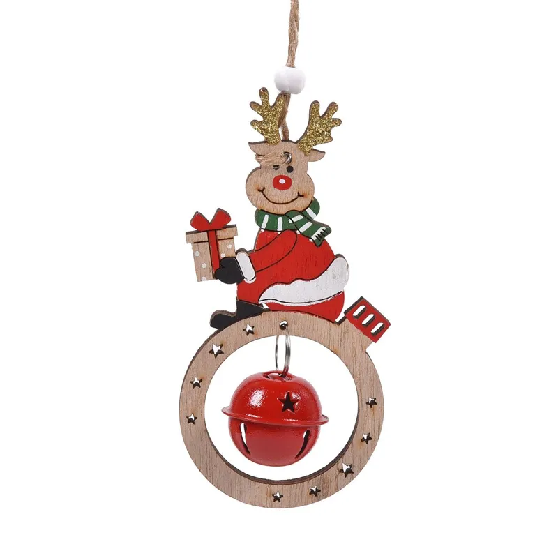 Ornament din lemn pentru brad de Craciun cu cerb și clopotel glitter