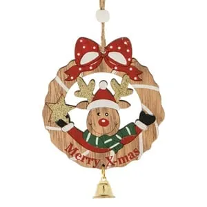 Ornament din lemn pentru brad de Craciun cu cerb și clopotel