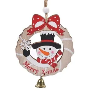 Ornament din lemn pentru brad de Craciun cu om de zapada și clopotel