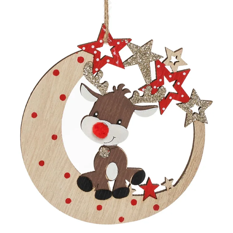 Ornament de lemn Brad de Crăciun cu Cerb și Glitter Auriu