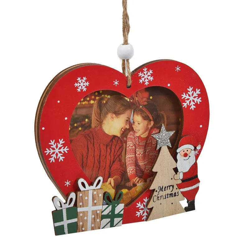 Ornament de Craciun din Lemn, Forma Inima, cu Mos Craciun si Spatiu pentru Poza, 10x11.5cm – poza 3