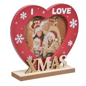 Ramă foto decorativă de Crăciun din lemn cu inimă I Love Xmas