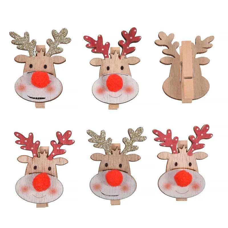 Clestisori Decorativi de Lemn Cerb Nas Rosu Pompon Set 6 Bucati