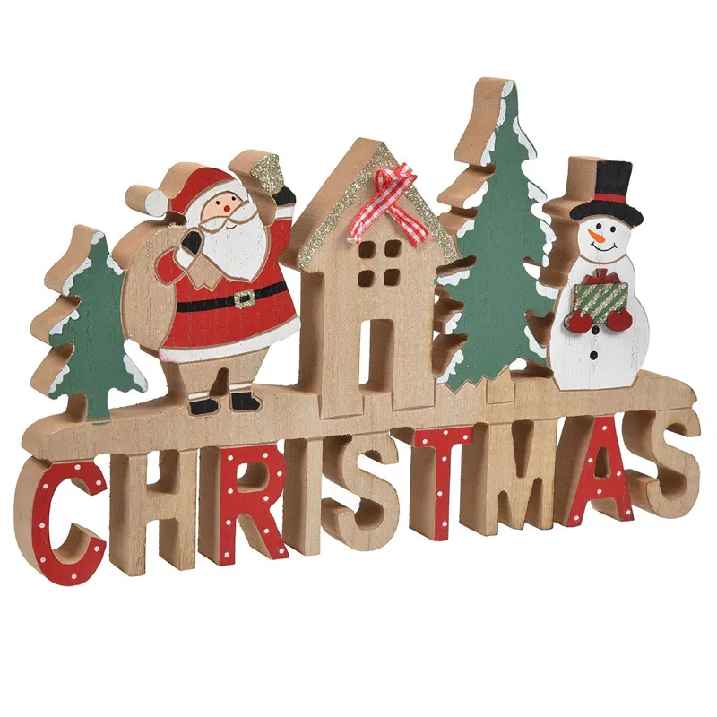 Decoratiune Masa Craciun cu Lemn, Om de Zapada si Santa