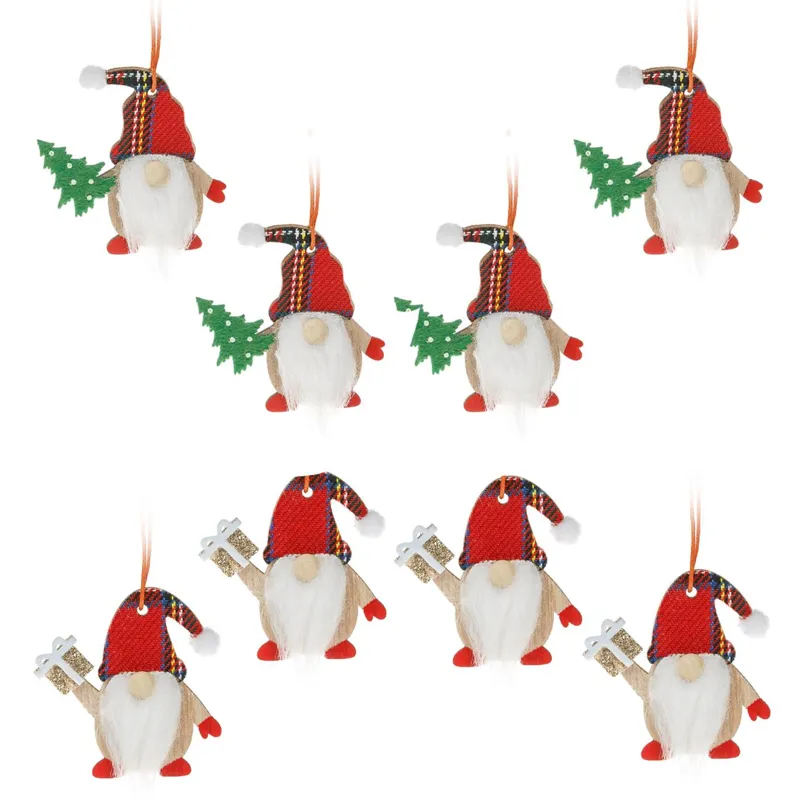 Set Ornamente Crăciun Lemn Figurine Gnome Căciulă Roșie Carouri 8 Bucăți