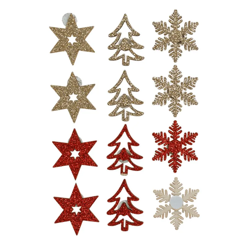 Autocolante Decorative Crăciun Stele Fulgi Brazi din Lemn Glitter Roșu Auriu