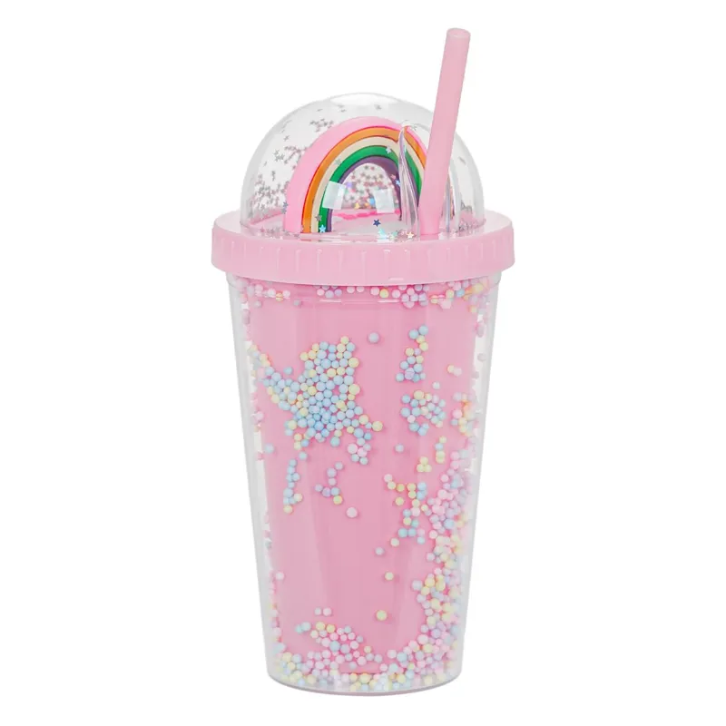 Pahar din plastic cu perete dublu, capac cu pai, 450 ml, roz, decor confetti curcubeu