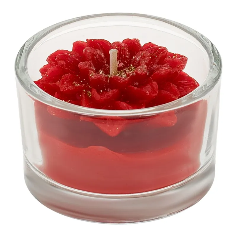 Lumanare Floare Crăciunita Rosie cu Glitter Auriu în Pahăr Sticlă