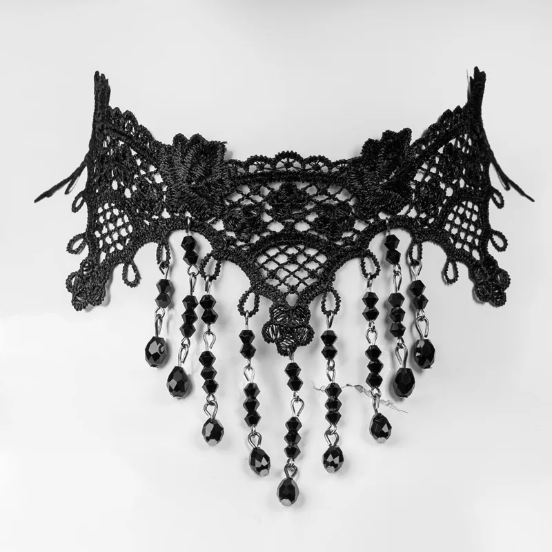 Colier Choker Gothic cu Dantelă și Strass, Negru
