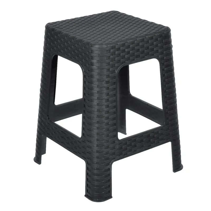 Taburet din Plastic cu Aspect Rattan, Negru Mat, 36.5x36.5x46cm