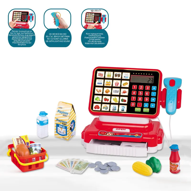 Casa de marcat jucarie cu scanner, sunet si lumini, set accesorii, rosie