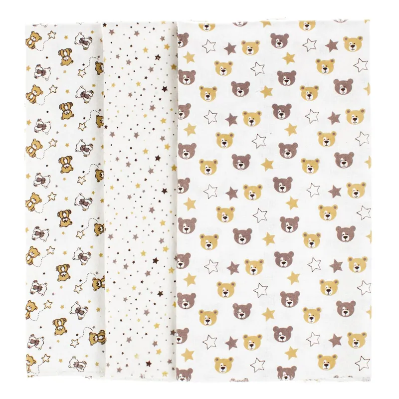 Set 3 Cearceafuri Finet din Bumbac, 80x80 cm, Alb cu Model Ursuleti si Stelute