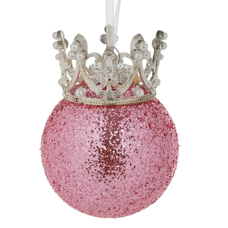 Glob Ornament de Crăciun Roz cu Glitter și Coroană Argintie 8cm