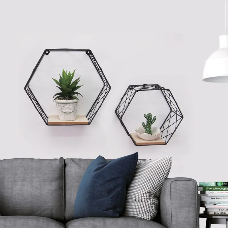 Set 2 Rafturi Suspendate Decorative Hexagonale din Metal și MDF
